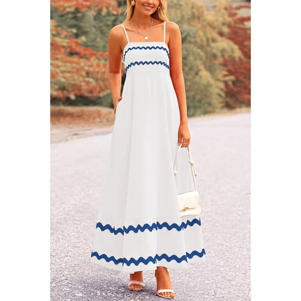Women's White Blue Casual Sleeveless Spaghetti Strap Ruffle Beach Maxi Dress